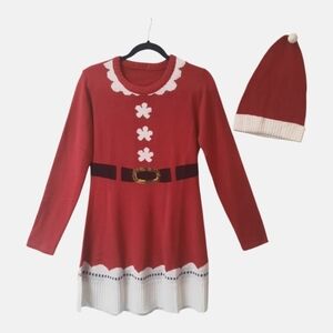 New Christmas Xmas Red Sweater Dress Small Long Sleeve Gold Sequences with Hat